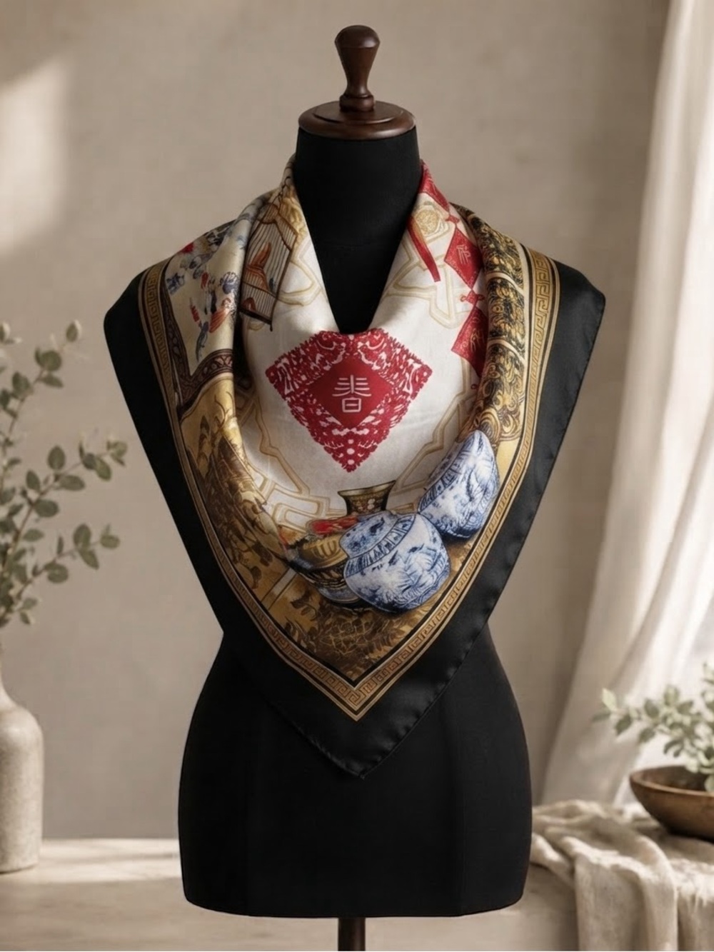 Vintage Chinoiserie Silk Scarf Large Square Black Gold Ornate Print Hand Rolled